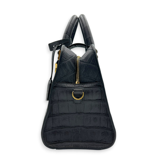 Cabas Top Handle Bag Small Grey in Crocodile Embossed Calfskin, Gold hardware