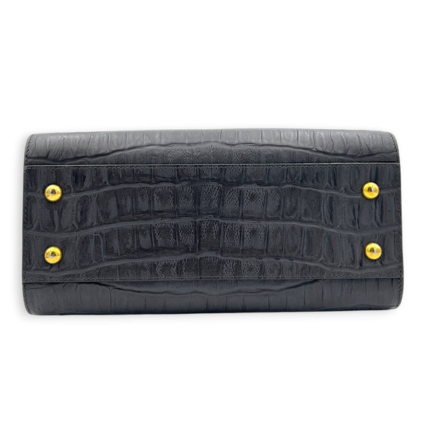 Cabas Top Handle Bag Small Grey in Crocodile Embossed Calfskin, Gold hardware