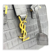 Cabas Top Handle Bag Small Grey in Crocodile Embossed Calfskin, Gold hardware