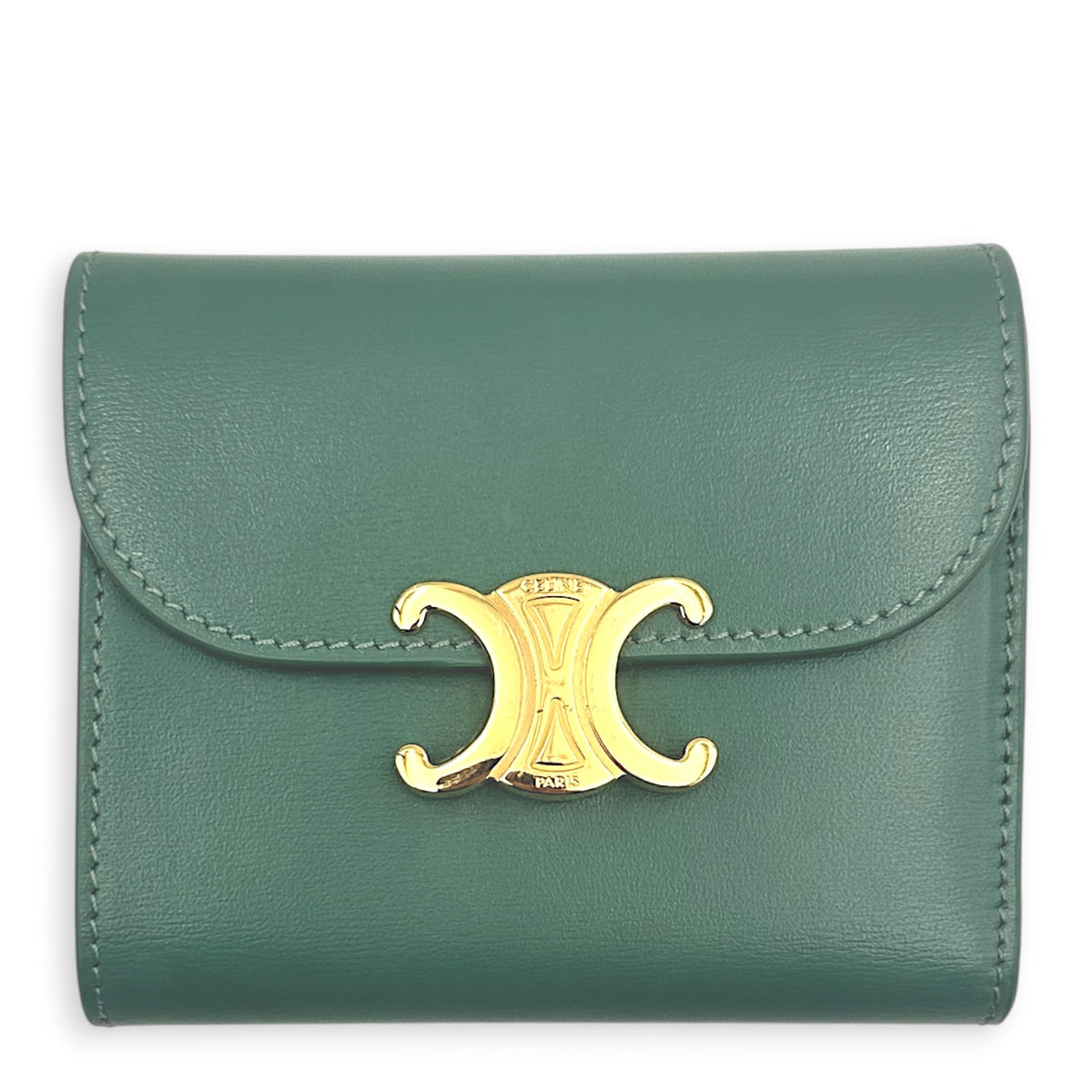 Triomphe Wallet Green in Calfskin, Gold hardware