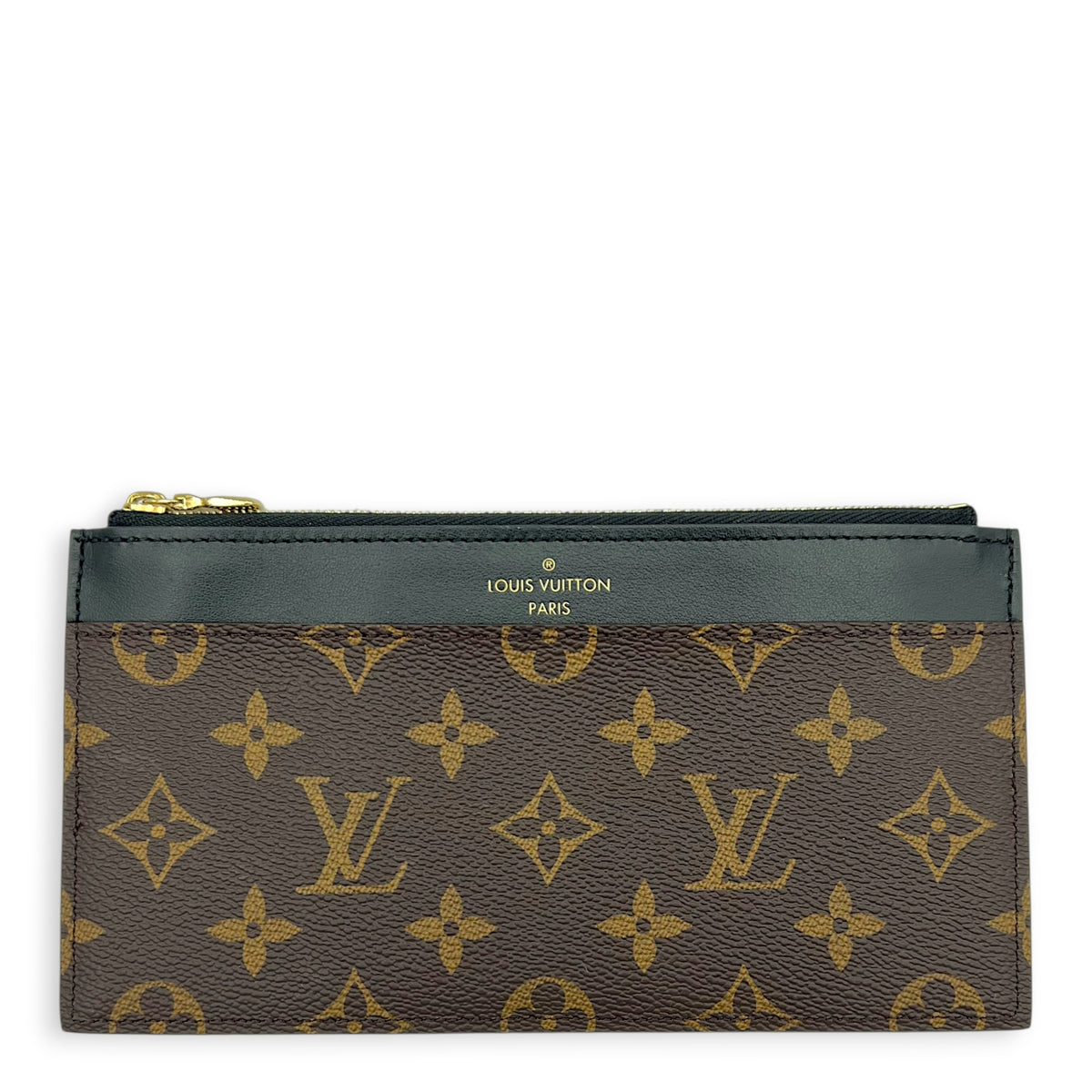 Slim Purse Brown Pouch in Monogram Coated Canvas, Gold hardware