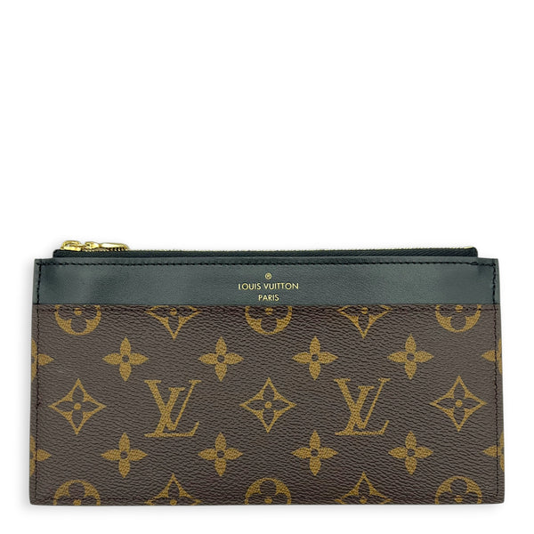 Slim Purse Brown Pouch in Monogram Coated Canvas, Gold hardware