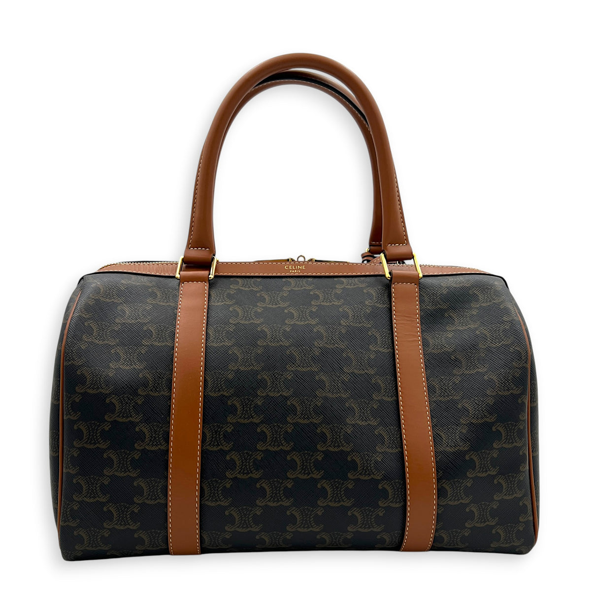 Boston Top Handle Bag Brown in Coated Canvas, Gold hardware