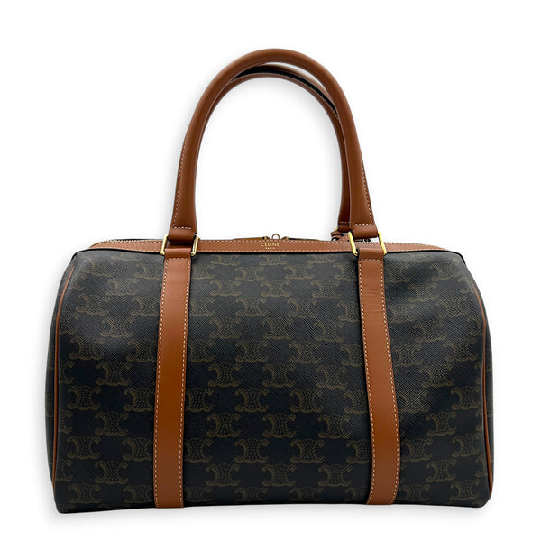 Boston Top Handle Bag Brown in Coated Canvas, Gold hardware