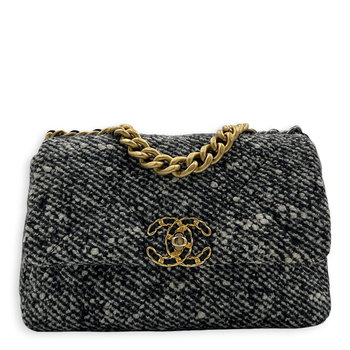 C19 Small Black and White Shoulder Bag in Tweed, Mixed hardware