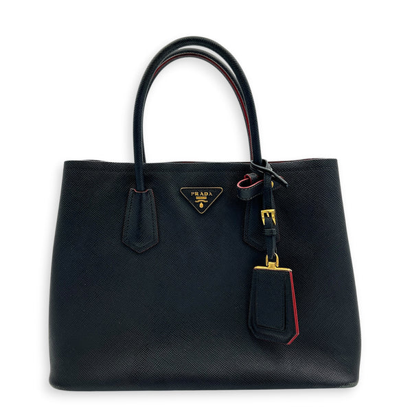 Double Tote Bag Black in Saffiano Leather, Gold hardware