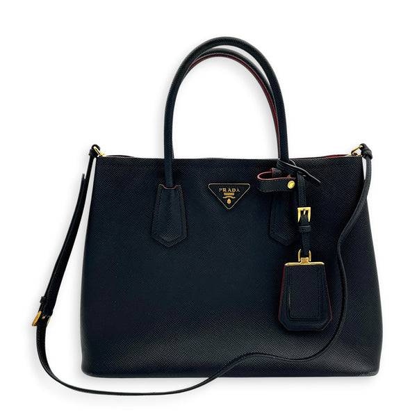 Double Tote Bag Black in Saffiano Leather, Gold hardware