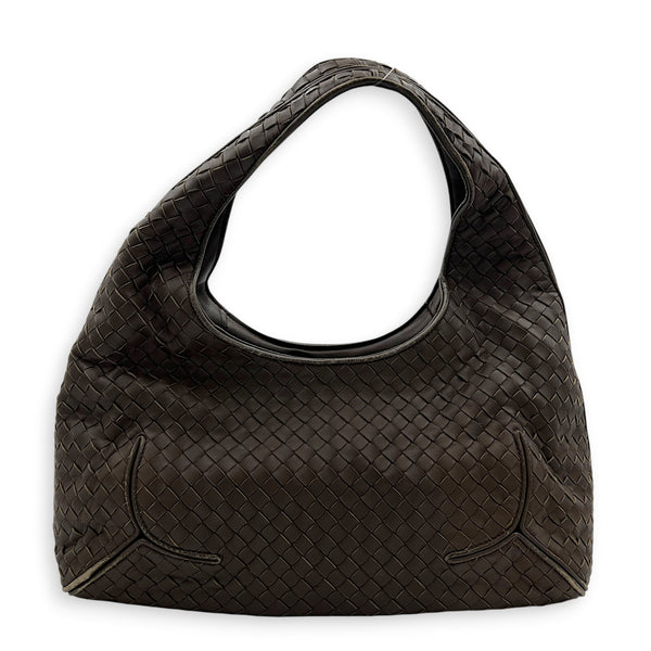 Intrecciato Shoulder Bag Brown in Nappa Leather, Ruthenium hardware