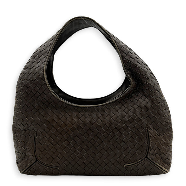 Intrecciato Shoulder Bag Brown in Nappa Leather, Ruthenium hardware