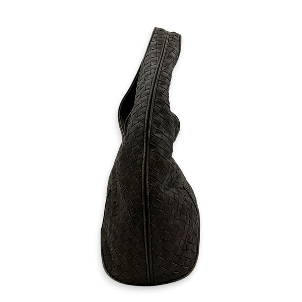 Intrecciato Shoulder Bag Brown in Nappa Leather, Ruthenium hardware