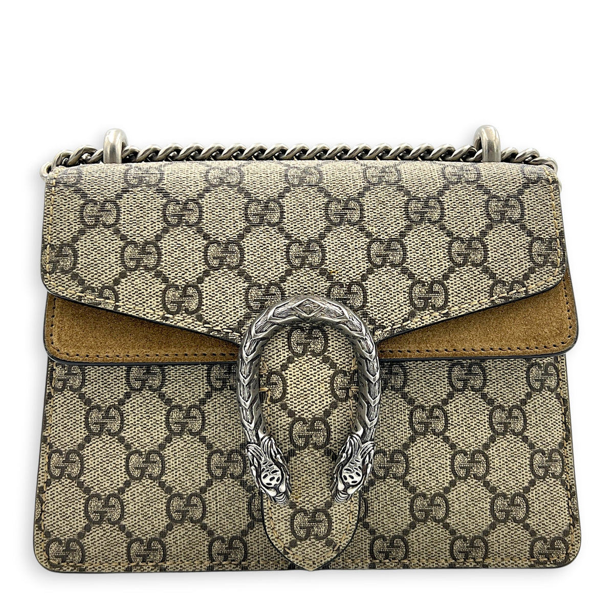 Dionysus Mini Brown Shoulder Bag in Coated Canvas, Silver hardware
