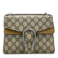 Dionysus Mini Brown Shoulder Bag in Coated Canvas, Silver hardware