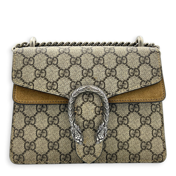 Dionysus Mini Brown Shoulder Bag in Coated Canvas, Silver hardware