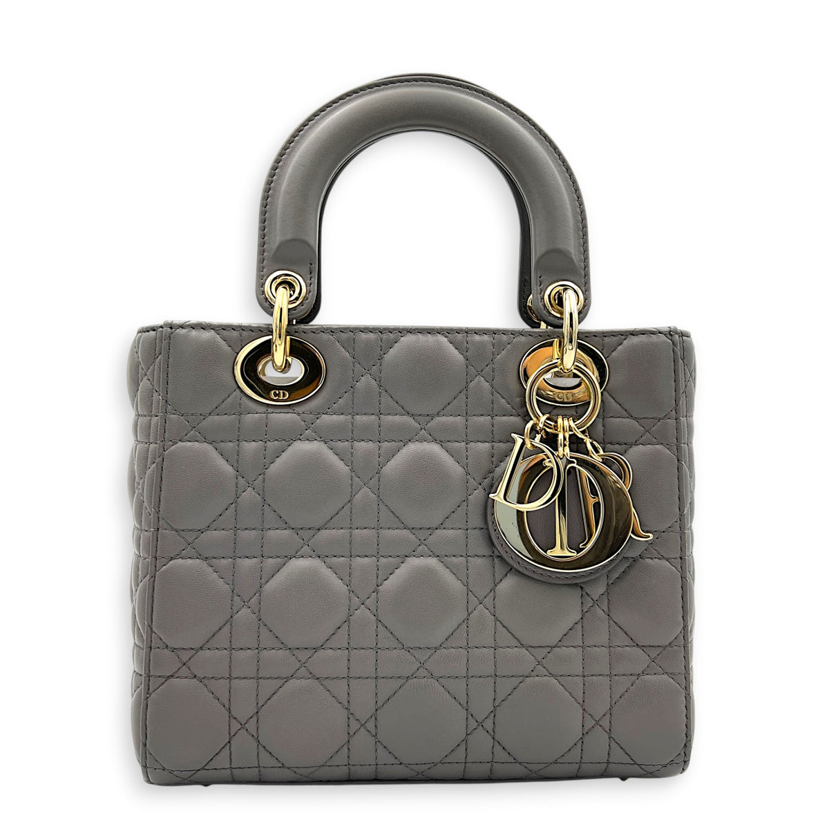 Lady Dior Top Handle Bag Small Grey in Lambskin, Gold hardware