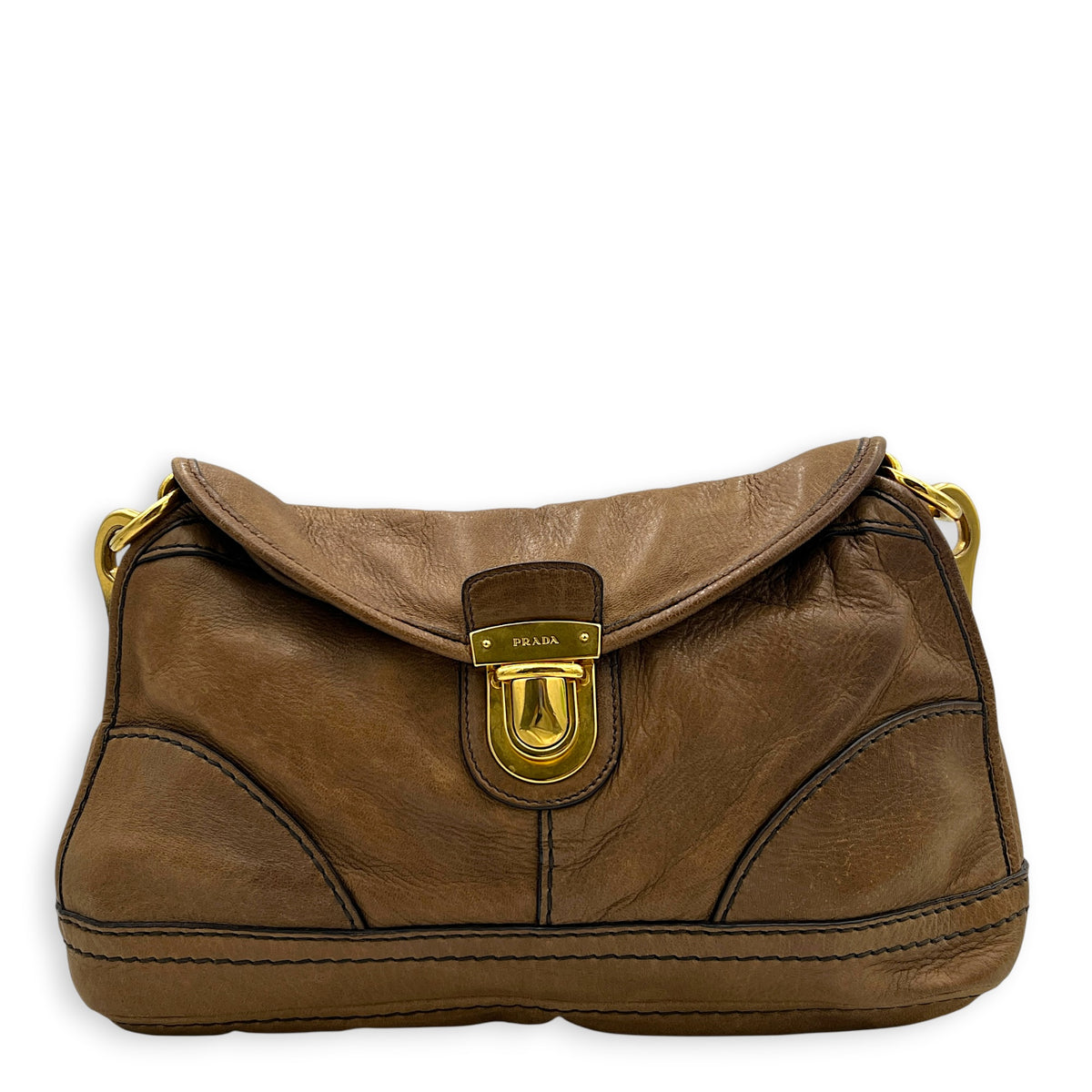 Pushlock Brown Shoulder Bag in Calfskin, Gold hardware