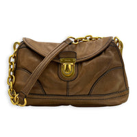 Pushlock Brown Shoulder Bag in Calfskin, Gold hardware