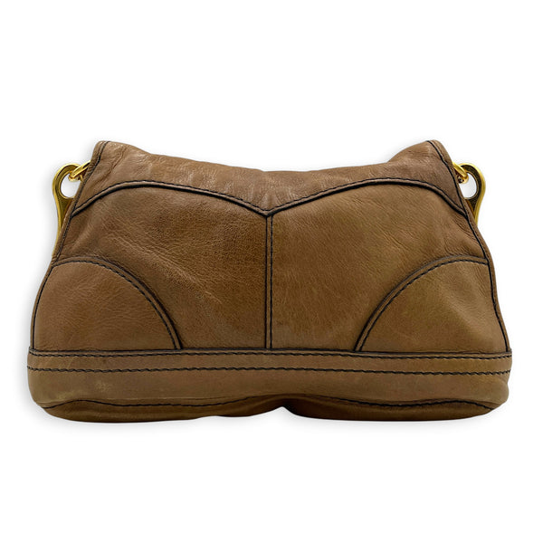 Pushlock Brown Shoulder Bag in Calfskin, Gold hardware