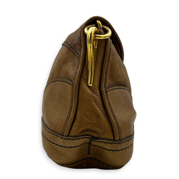Pushlock Brown Shoulder Bag in Calfskin, Gold hardware