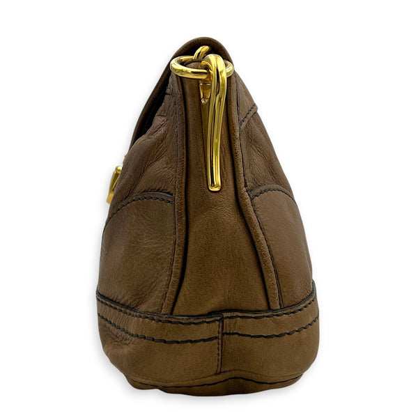Pushlock Brown Shoulder Bag in Calfskin, Gold hardware