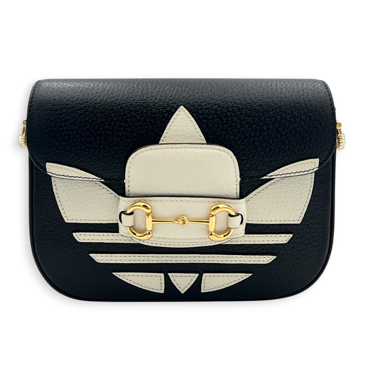 Horsebit 1955 Shoulder Bag Black and White in Calfskin, Gold hardware