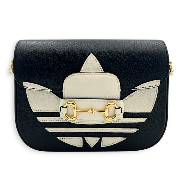 Horsebit 1955 Shoulder Bag Black and White in Calfskin, Gold hardware
