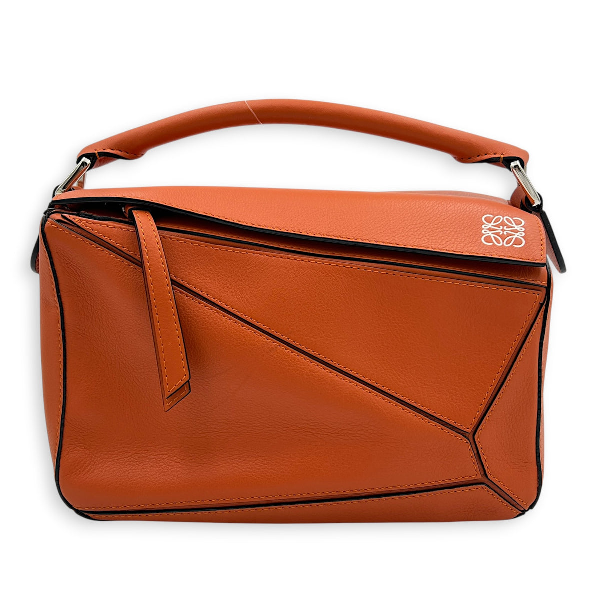 Puzzle Top Handle Bag Small Orange in Calfskin, Silver hardware