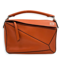 Puzzle Top Handle Bag Small Orange in Calfskin, Silver hardware