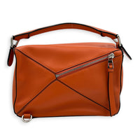 Puzzle Top Handle Bag Small Orange in Calfskin, Silver hardware