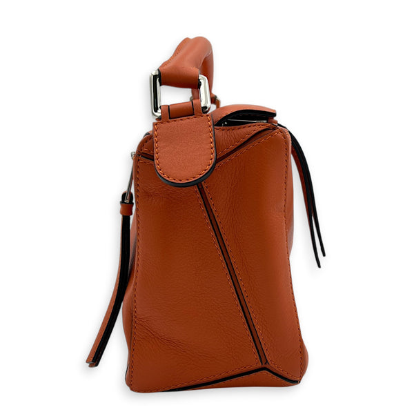 Puzzle Top Handle Bag Small Orange in Calfskin, Silver hardware