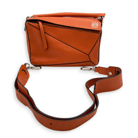 Puzzle Top Handle Bag Small Orange in Calfskin, Silver hardware