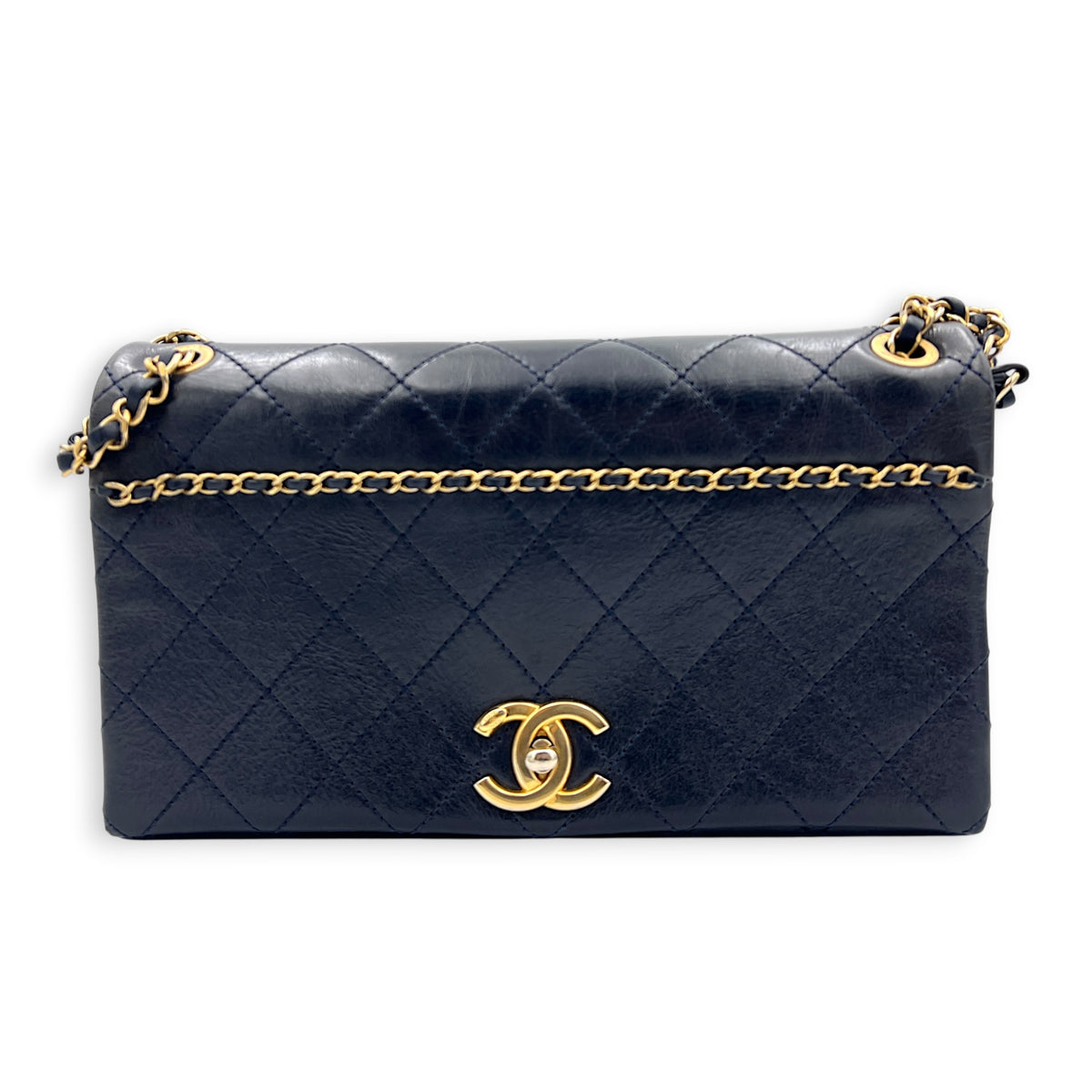 CC Quilted Chain Blue Shoulder Bag in Calfskin, Gold hardware
