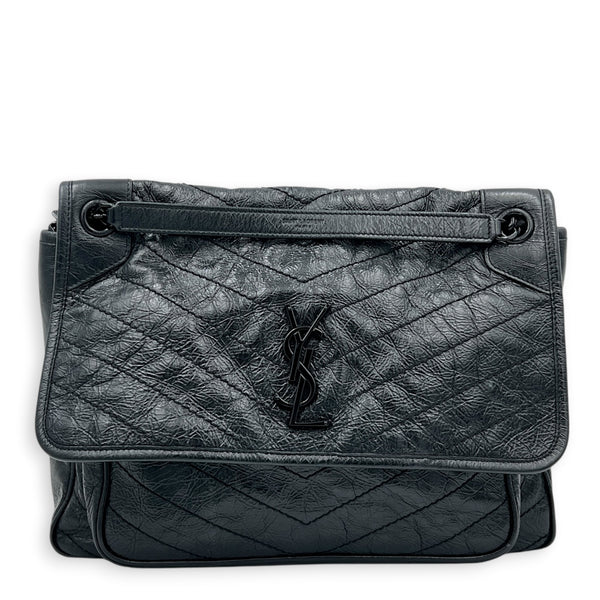 Niki Medium Black Shoulder Bag in Calfskin, Monochrome hardware