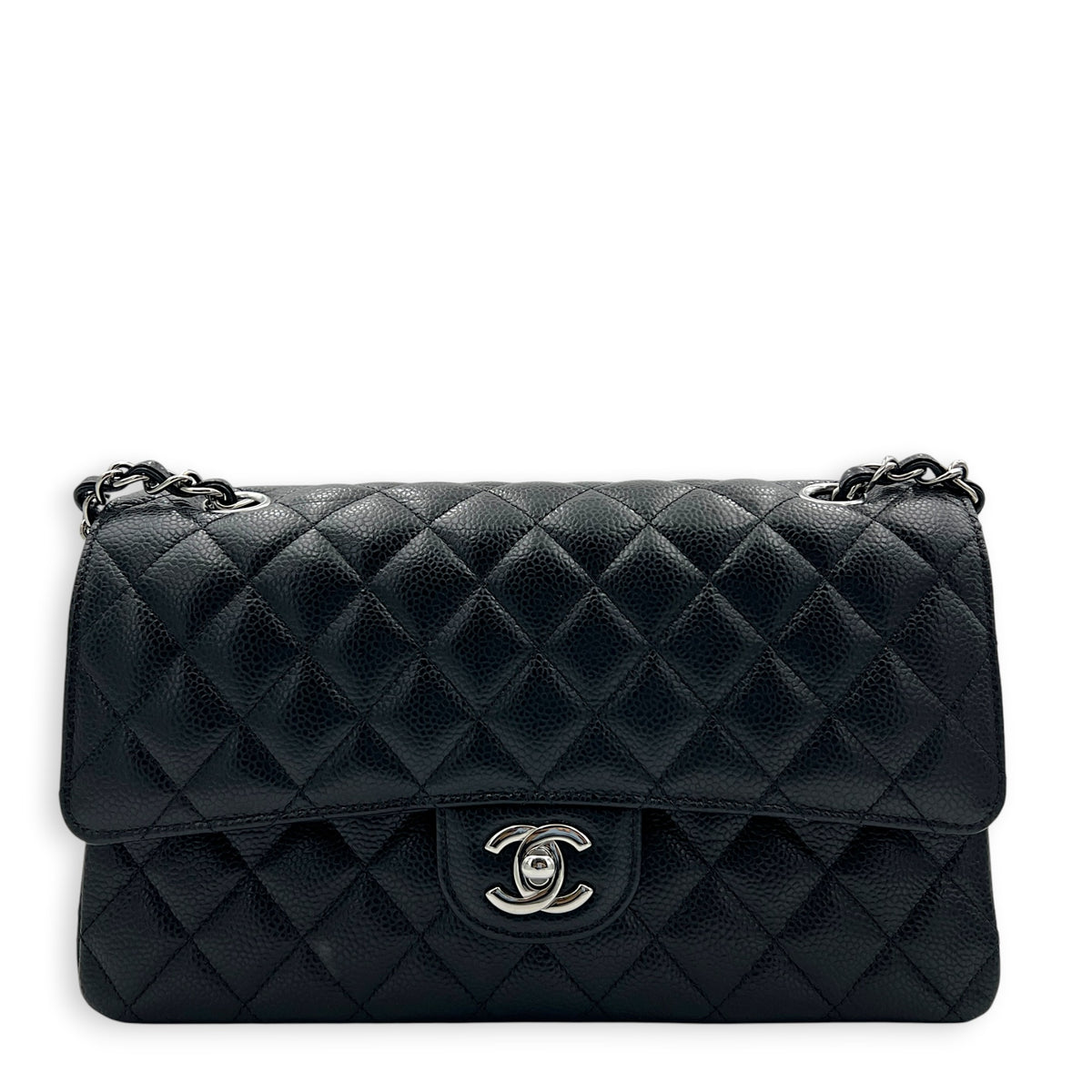 Classic Double Flap Shoulder Bag Medium Black in Caviar Leather, Silver hardware