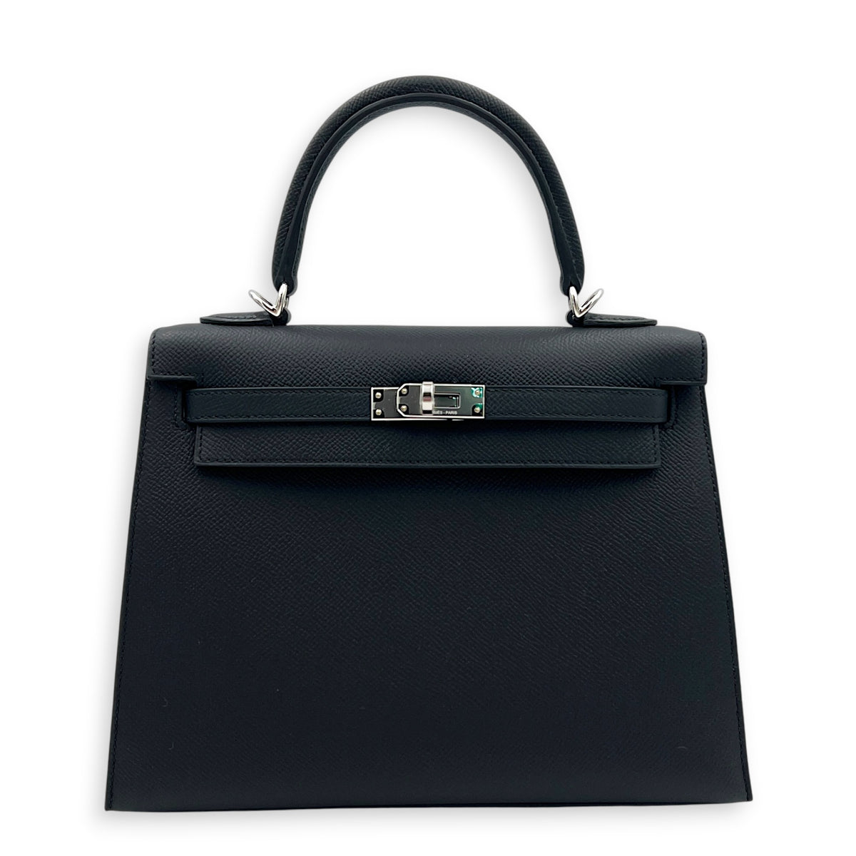 Sellier Kelly 25 Noir Top Handle Bag in Epsom, Palladium hardware