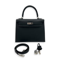 Sellier Kelly 25 Noir Top Handle Bag in Epsom, Palladium hardware