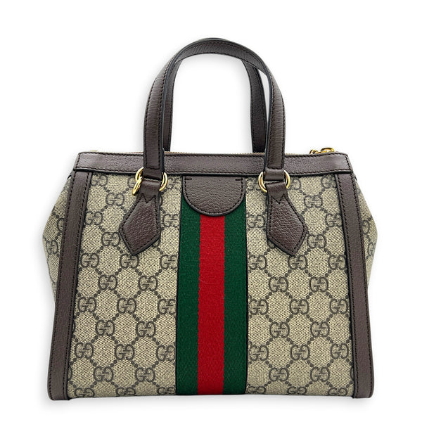 Ophidia Top Handle Bag Brown in Coated Canvas, Gold hardware