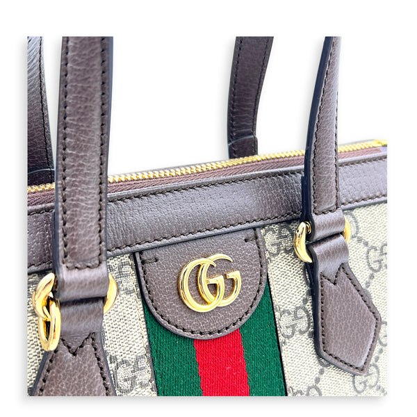 Ophidia Top Handle Bag Brown in Coated Canvas, Gold hardware