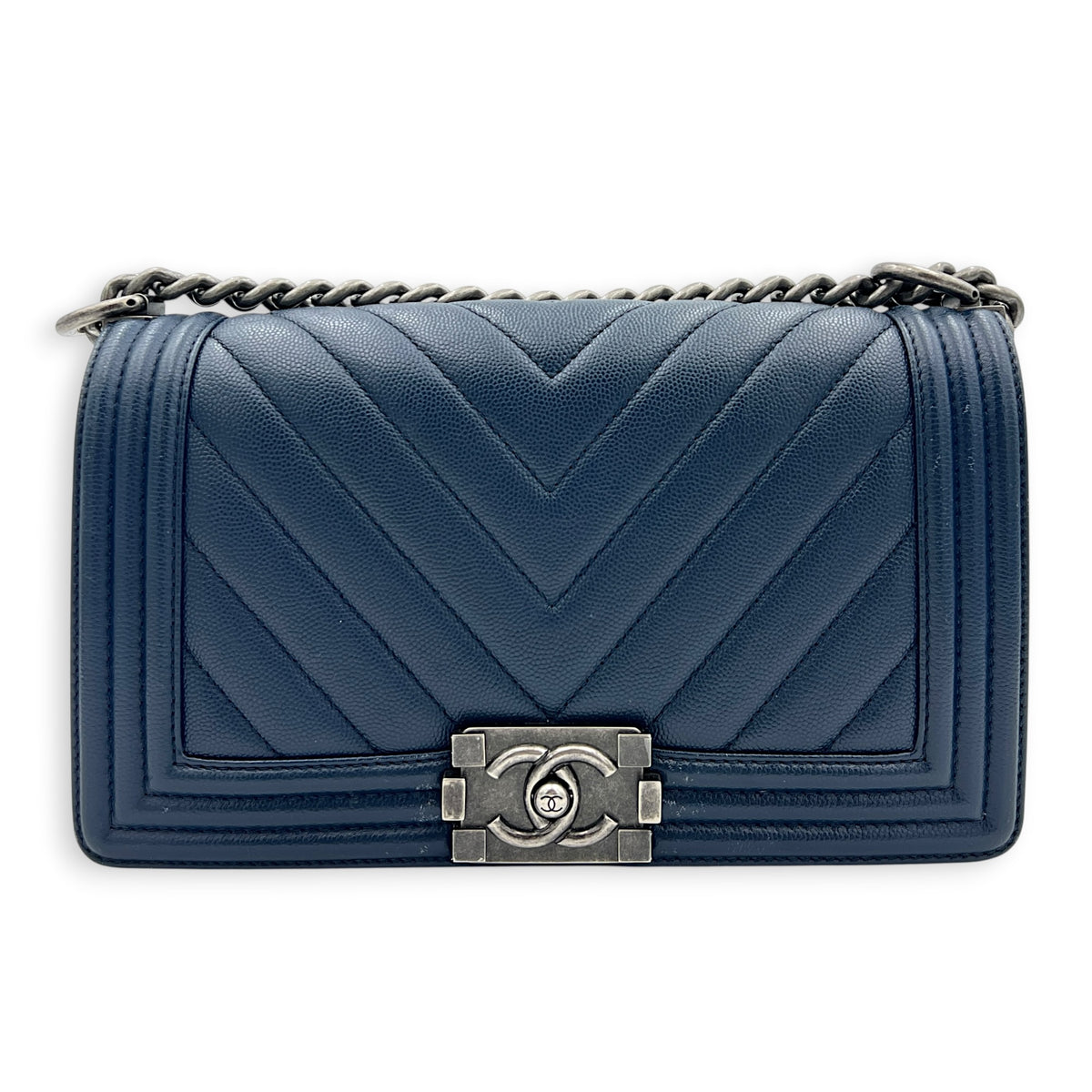 Boy Shoulder Bag Navy Blue in Caviar Leather, Ruthenium hardware