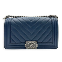 Boy Shoulder Bag Navy Blue in Caviar Leather, Ruthenium hardware