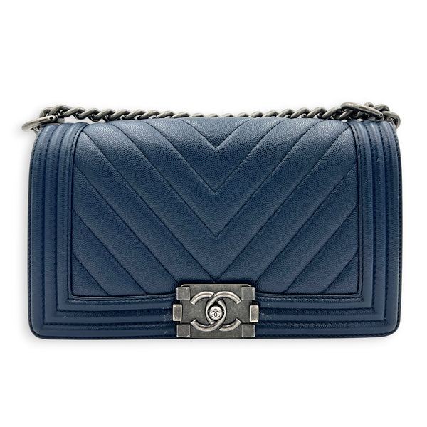 Boy Shoulder Bag Navy Blue in Caviar Leather, Ruthenium hardware