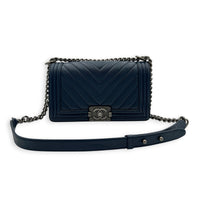 Boy Shoulder Bag Navy Blue in Caviar Leather, Ruthenium hardware