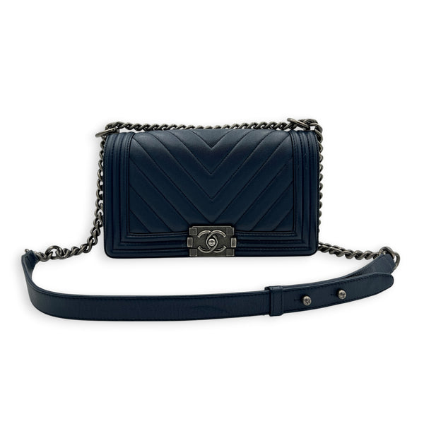 Boy Shoulder Bag Navy Blue in Caviar Leather, Ruthenium hardware