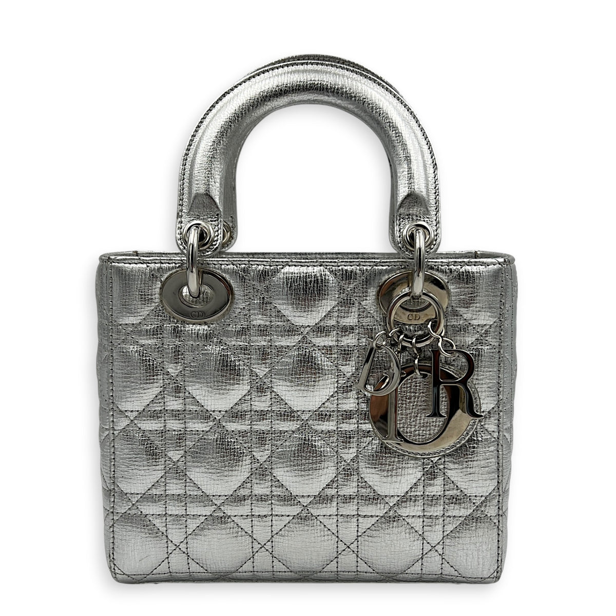 Lady Dior Top Handle Bag Small Silver in Calfskin, Silver hardware