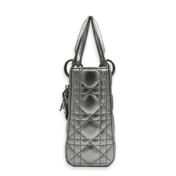 Lady Dior Top Handle Bag Small Silver in Calfskin, Silver hardware