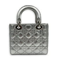 Lady Dior Top Handle Bag Small Silver in Calfskin, Silver hardware
