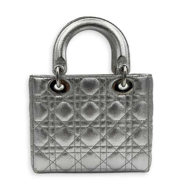 Lady Dior Top Handle Bag Small Silver in Calfskin, Silver hardware