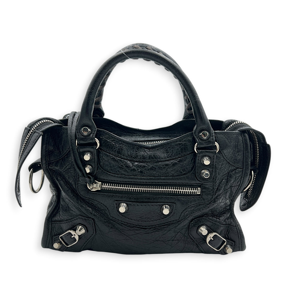City Mini Noir Top Handle Bag in Distressed Leather, Silver hardware