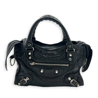 City Mini Noir Top Handle Bag in Distressed Leather, Silver hardware