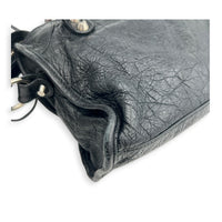City Mini Noir Top Handle Bag in Distressed Leather, Silver hardware