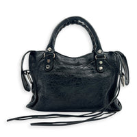 City Mini Noir Top Handle Bag in Distressed Leather, Silver hardware